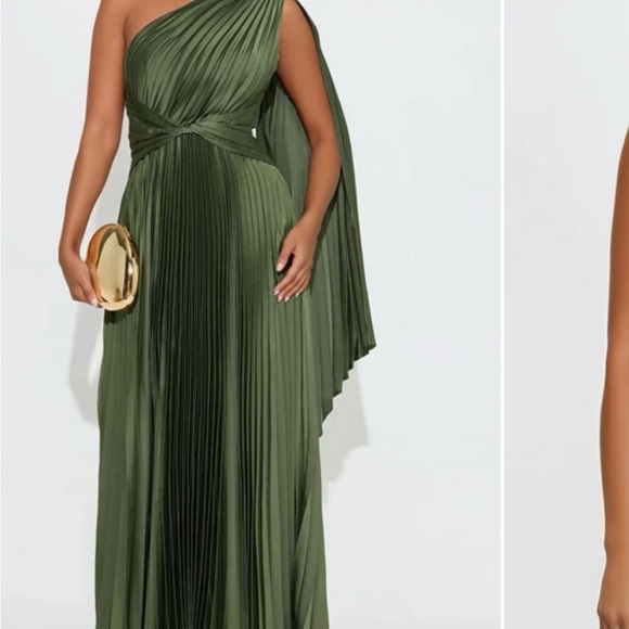 Fashion Nova One-Shoulder Pleated Dress in Olive - Picture 1 of 6